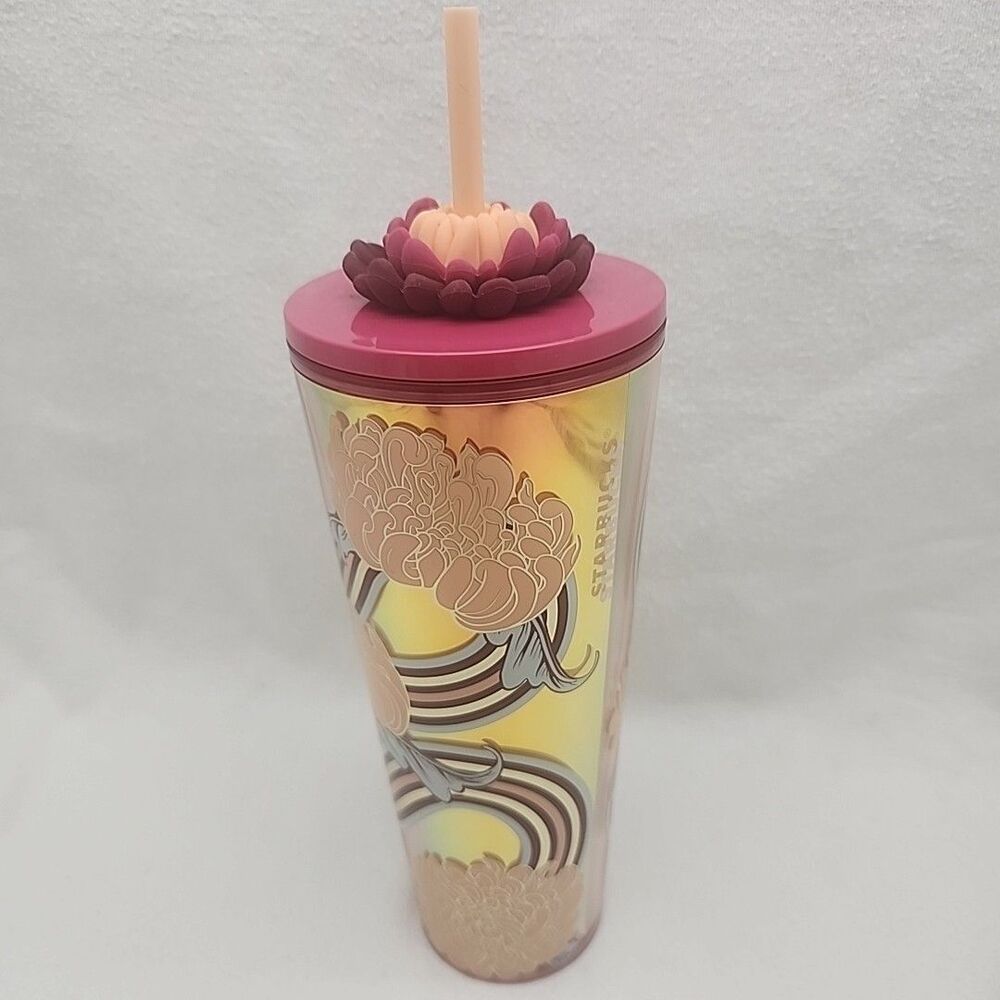 Tumbler Starbucks 2024 Holiday Pink Gold Flower Straw Charm 24oz Cold Cup